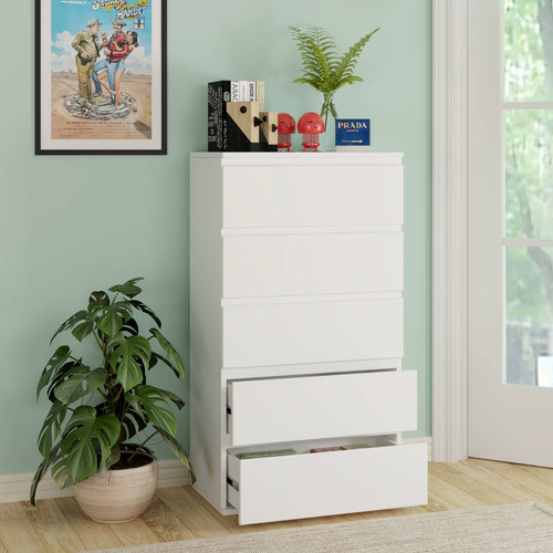 Chest drawers white tall 5 - tall,